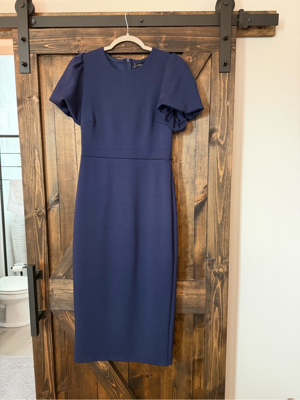 Structured Navy Midi Dress with Puff Sleeves